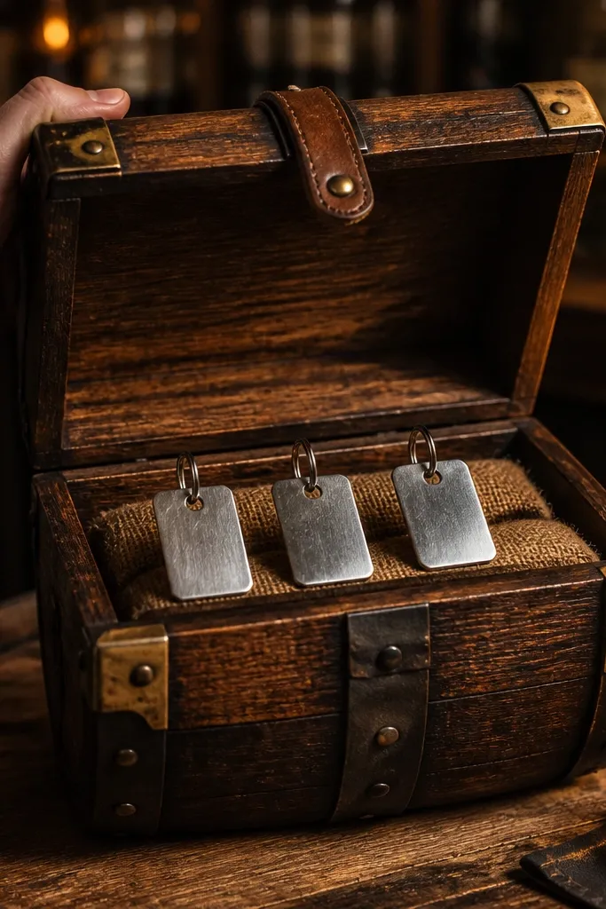 Wood-toned box with a small metal key tag and a crew card inside