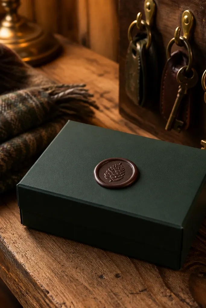 Forest green box with pinecone-shaped wax seal and a folded cabin itinerary card