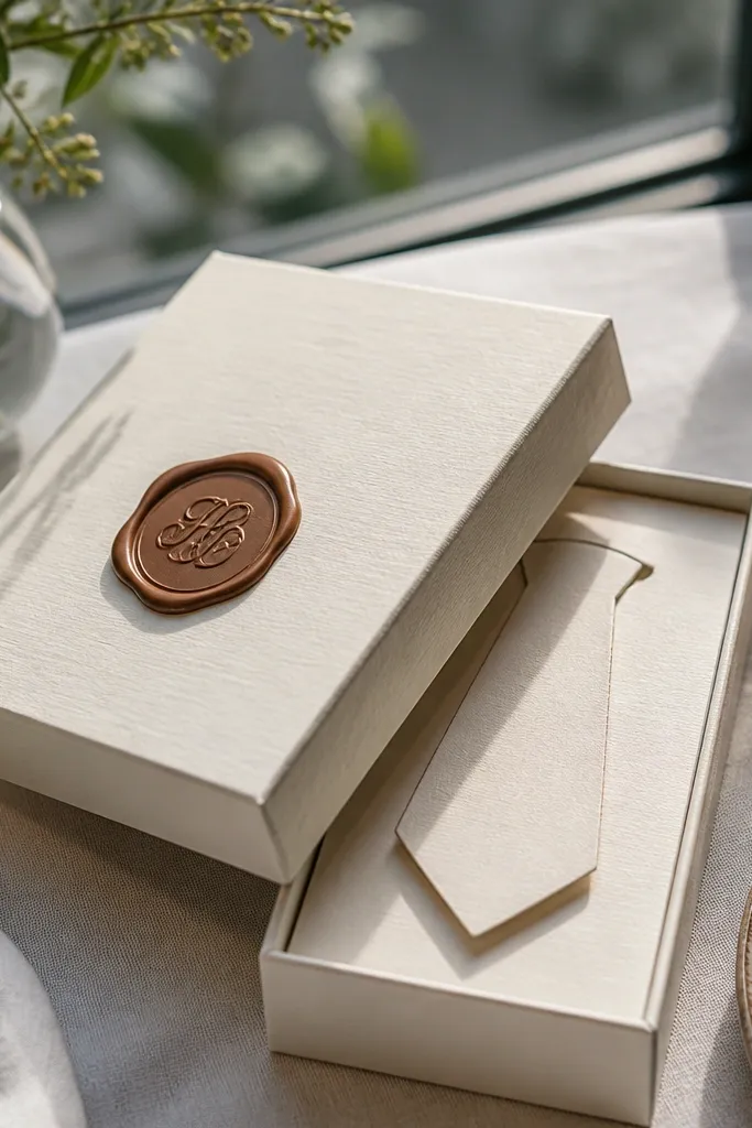 Cream box with monogram tie-shaped card and a wax cut-out seal