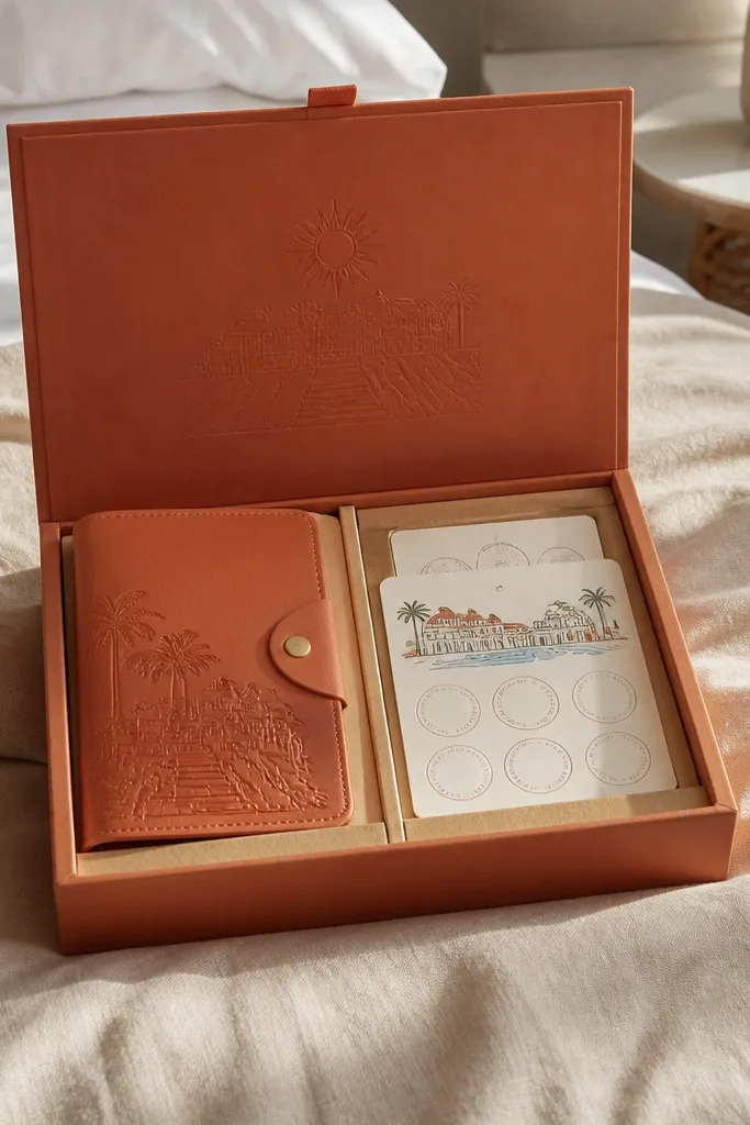 Terracotta box with a small passport folder and stamp-style cards inside