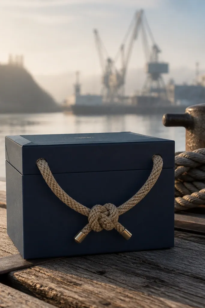 Navy gift box with braided rope handle and a folded captain-style letter