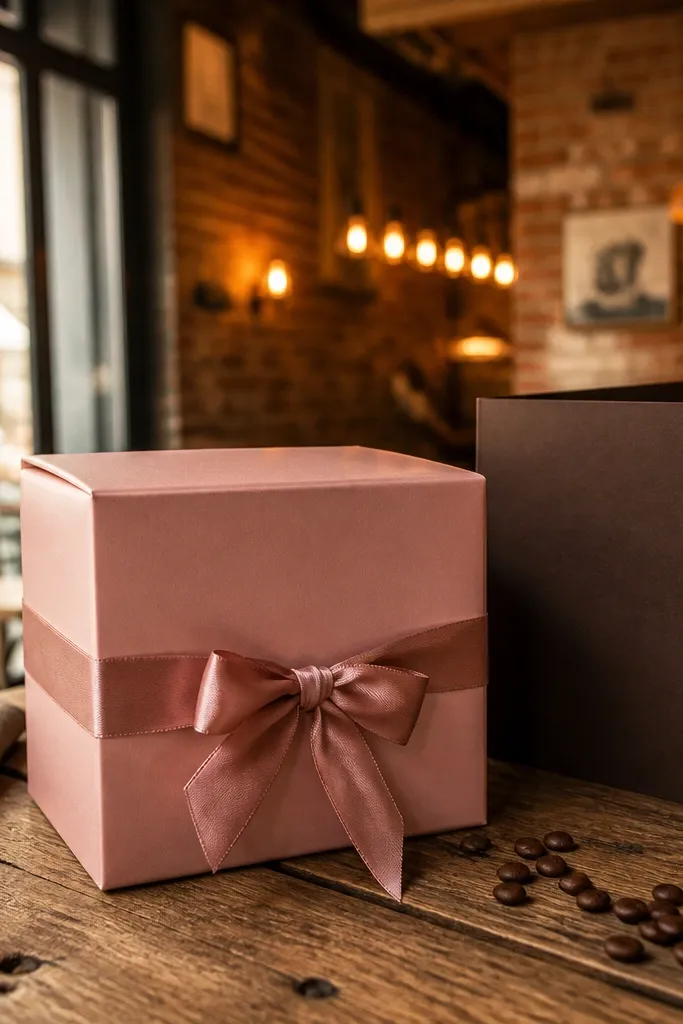Rose-pink box with espresso-brown menu card and a small chocolate bar