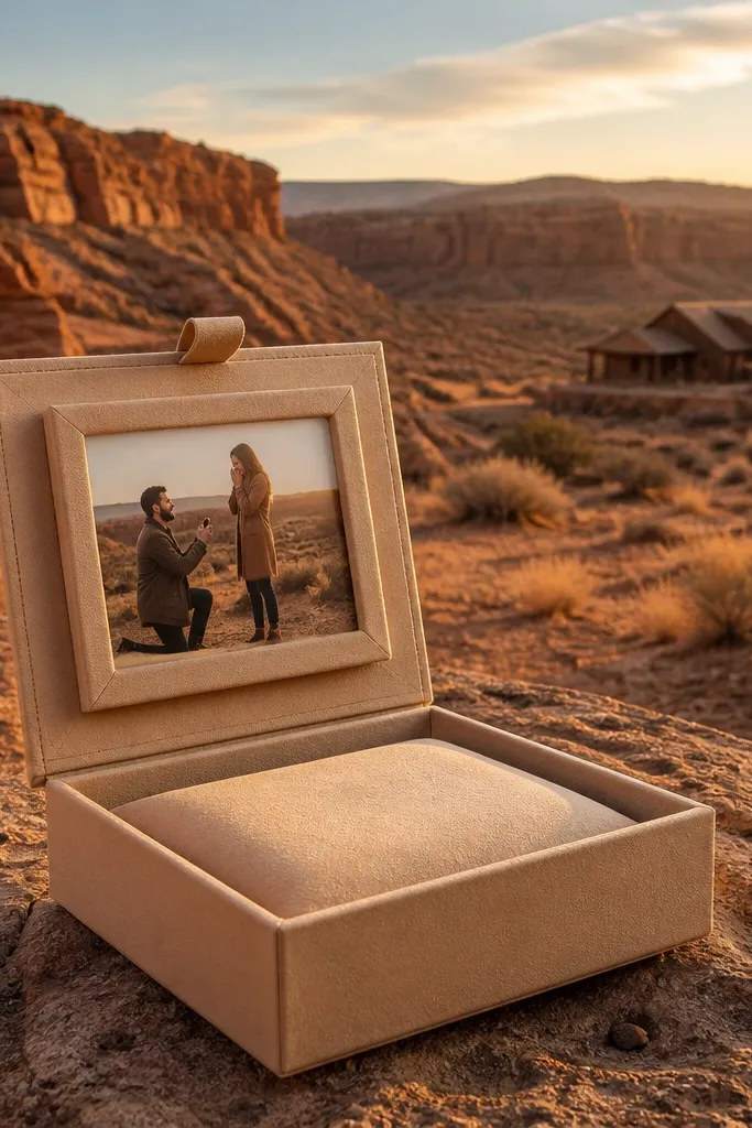 Sand beige box with a small frame card and a sunset-colored ribbon