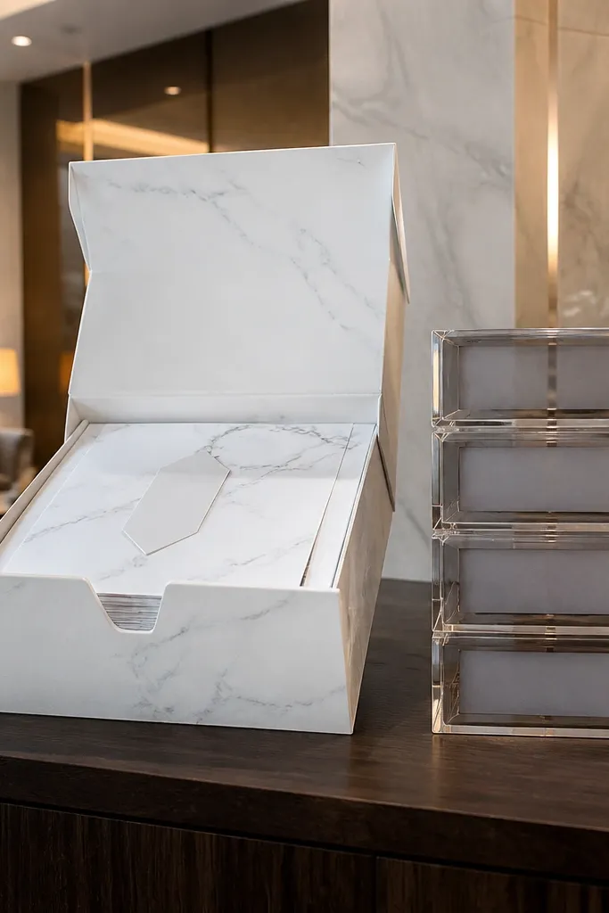 White box with marble pattern paper and acrylic name blocks on top