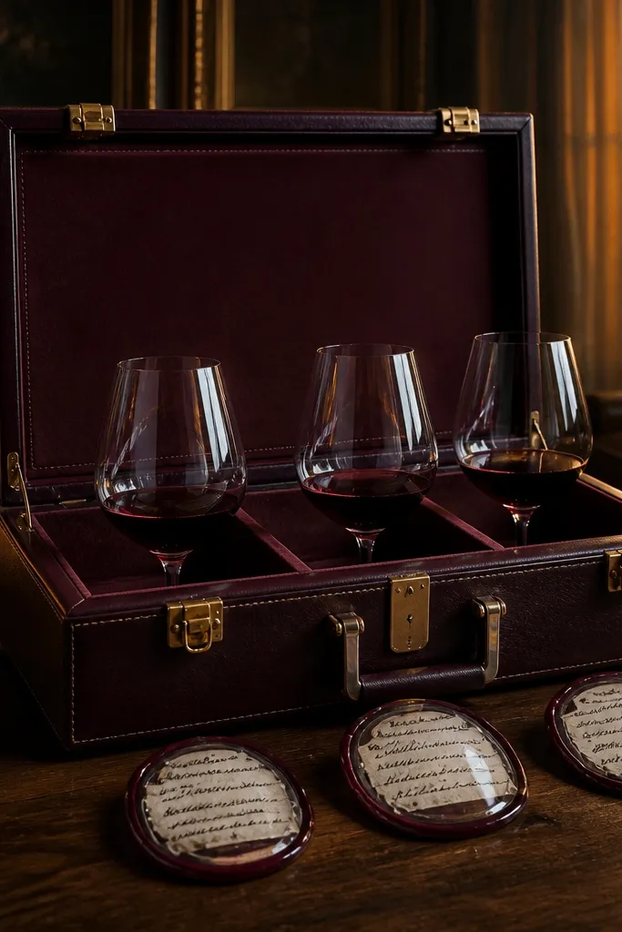 Burgundy box with wax-sealed cards labeled pour notes and a small wine keychain