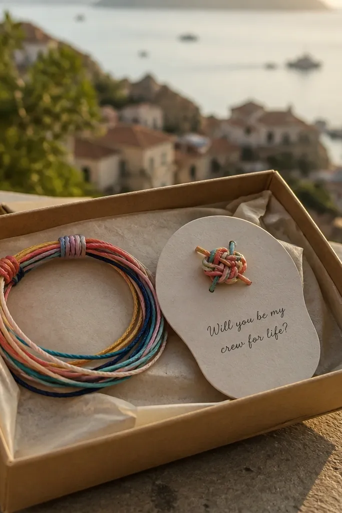 Neutral box with colorful thread bracelet and a knot-shaped proposal card