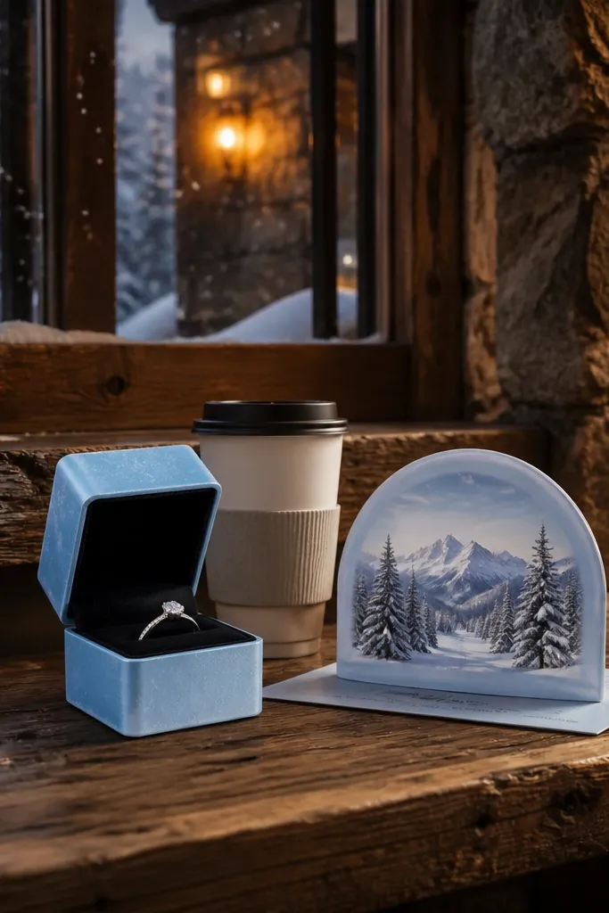 Ice blue box with a small snow-globe style card and a winter-themed ribbon