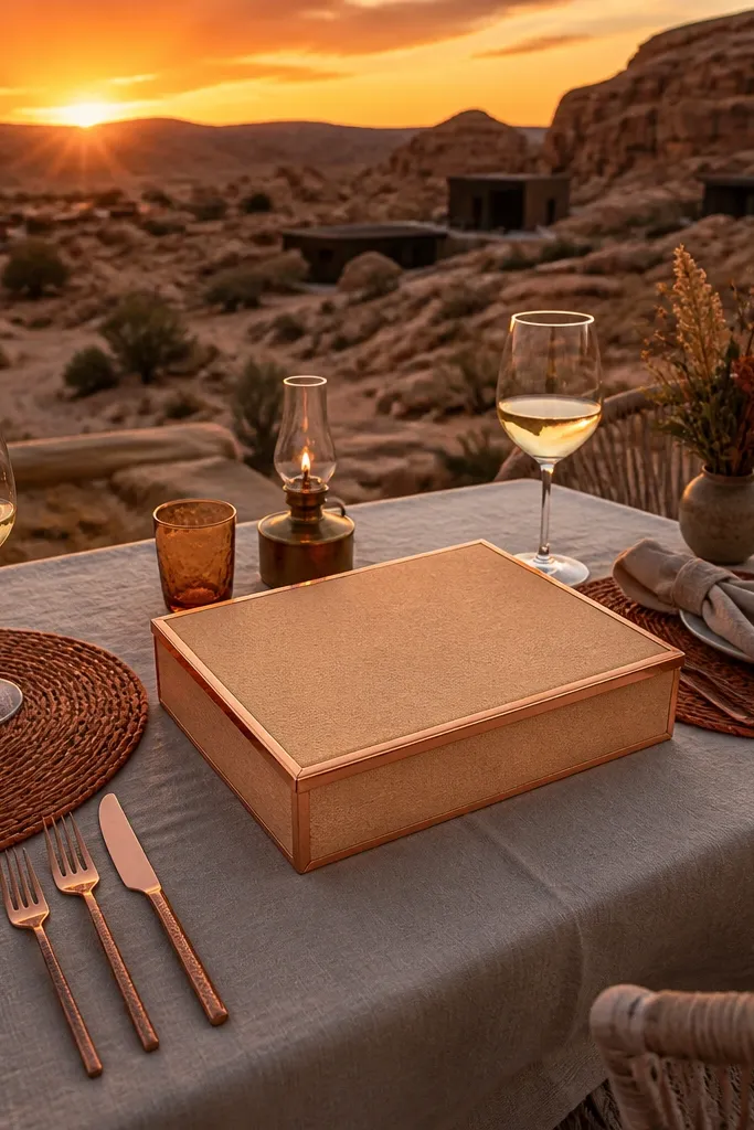 Sandstone box with copper border cards and a folded desert sunset itinerary