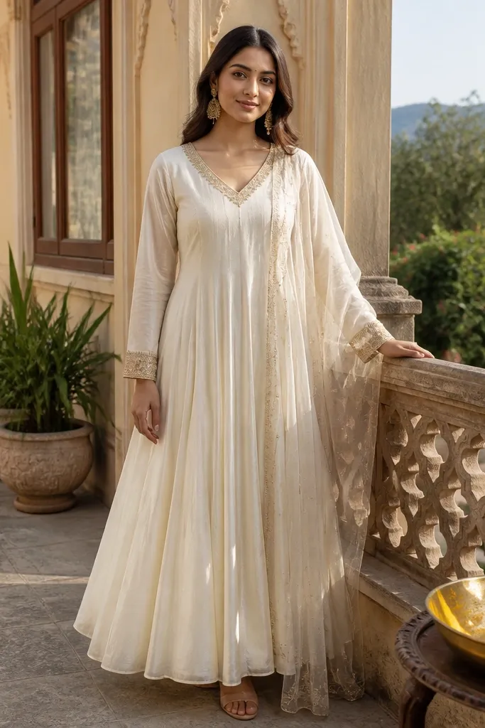 Ivory anarkali dress with flared skirt and gold-toned trim