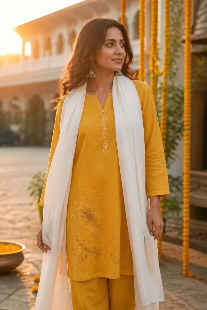 Marigold kurta with white dupatta and straight pants