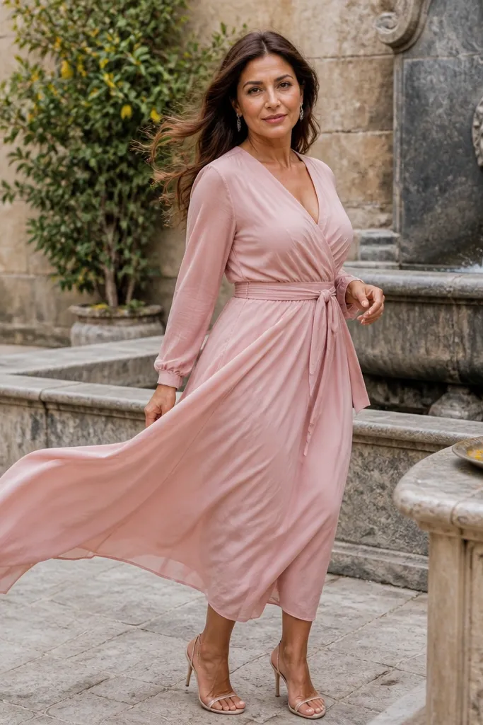 Blush wrap dress with waist tie and flowing skirt