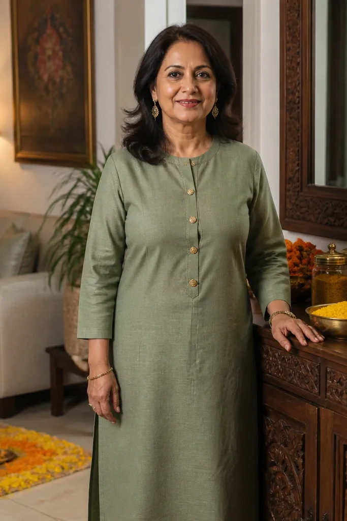 Sage green straight kurta with gold buttons and slim pants