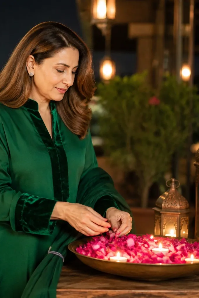 Emerald kurta with velvet trim and cream churidar