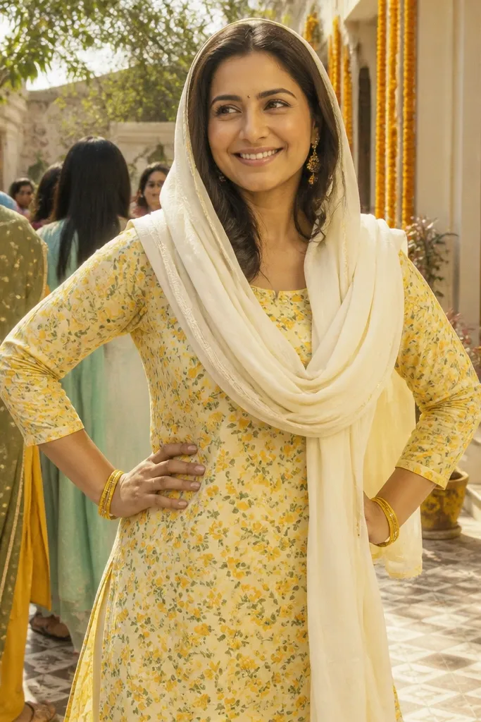 Yellow floral kurti with solid dupatta in off-white