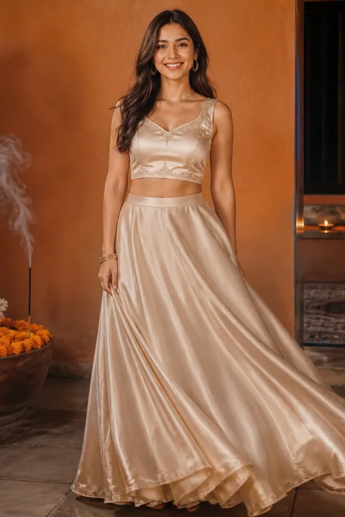 Satin skirt with matching crop kurti and short sleeves