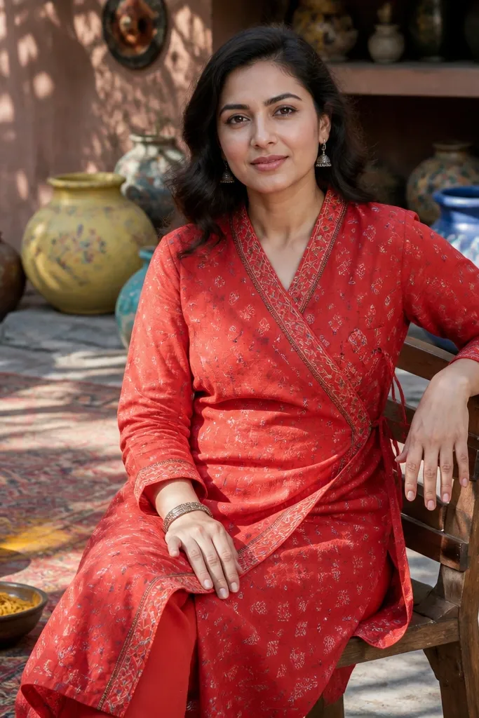 Red-orange angrakha kurta with cross-over front and side slits
