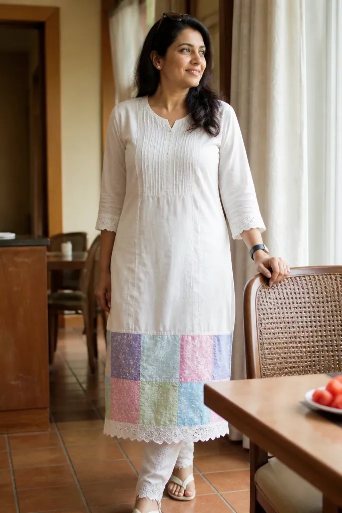 White cotton kurti with pastel patchwork at the hem