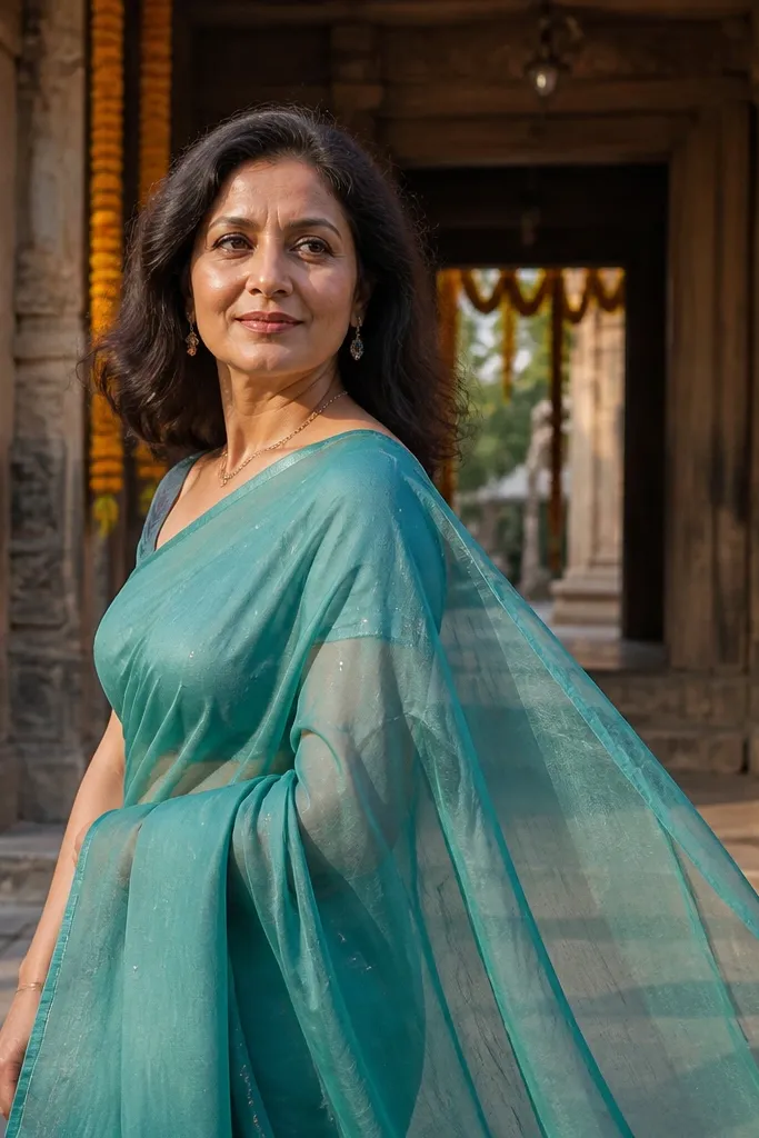 Teal chiffon saree with draped pallu and simple blouse