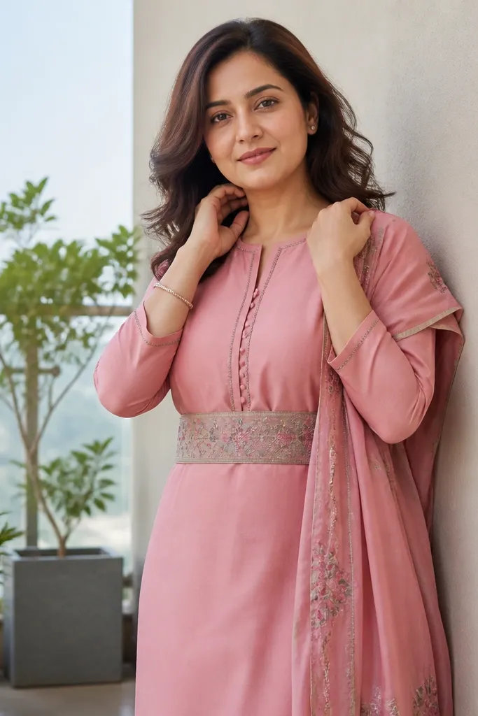 Rose pink straight kurta with contrast waistband