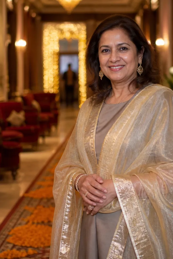 Cream dress styled with gold tissue dupatta over one shoulder