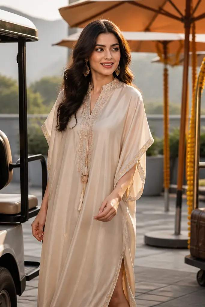 Champagne kaftan kurti with side slit and flowy sleeves