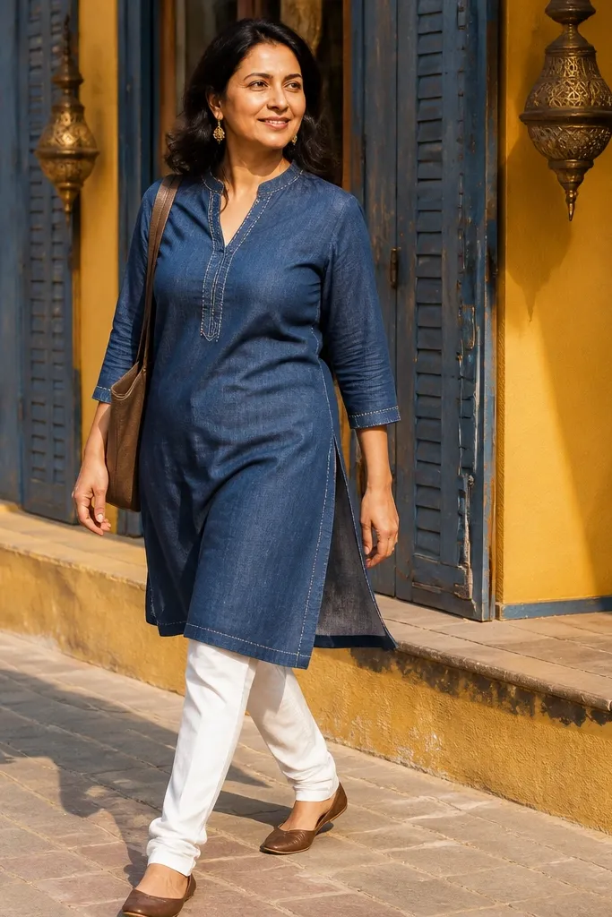 Indigo blue kurta with white churidar and minimal embroidery