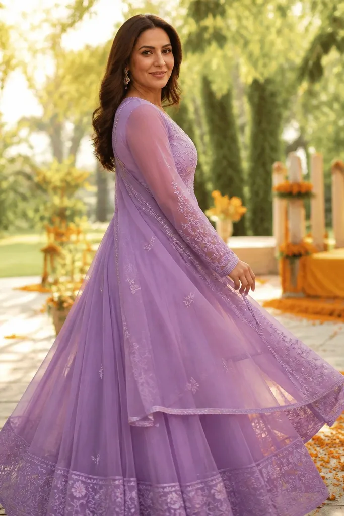 Lavender georgette anarkali with tonal threadwork and flared skirt