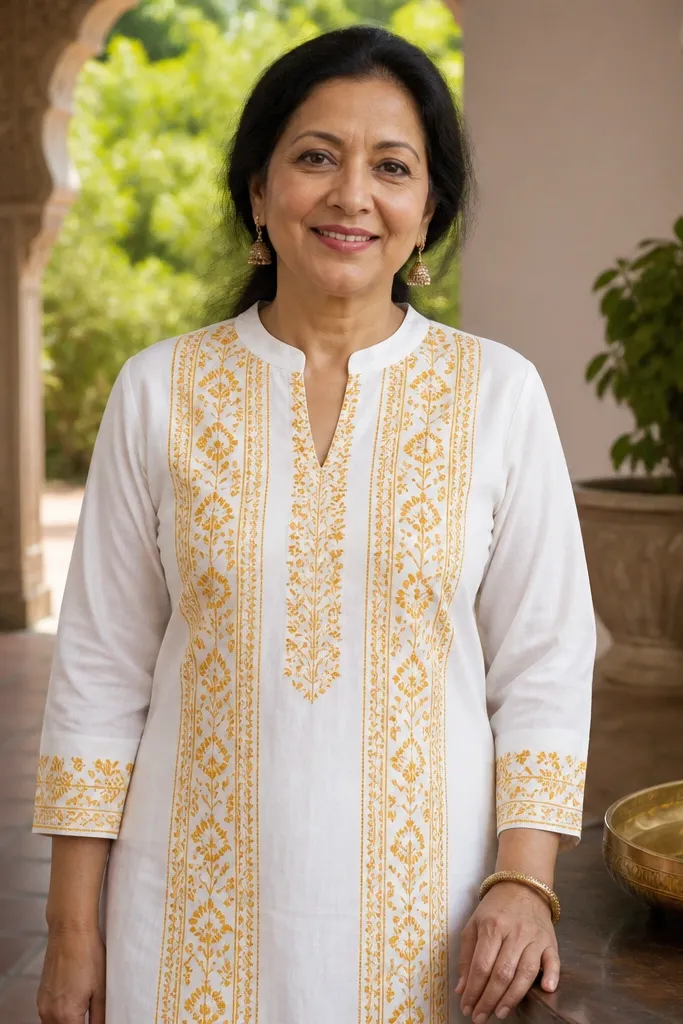White kurti with yellow-gold block print panels