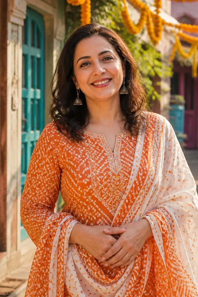 Orange and cream bandhani kurta set with dupatta