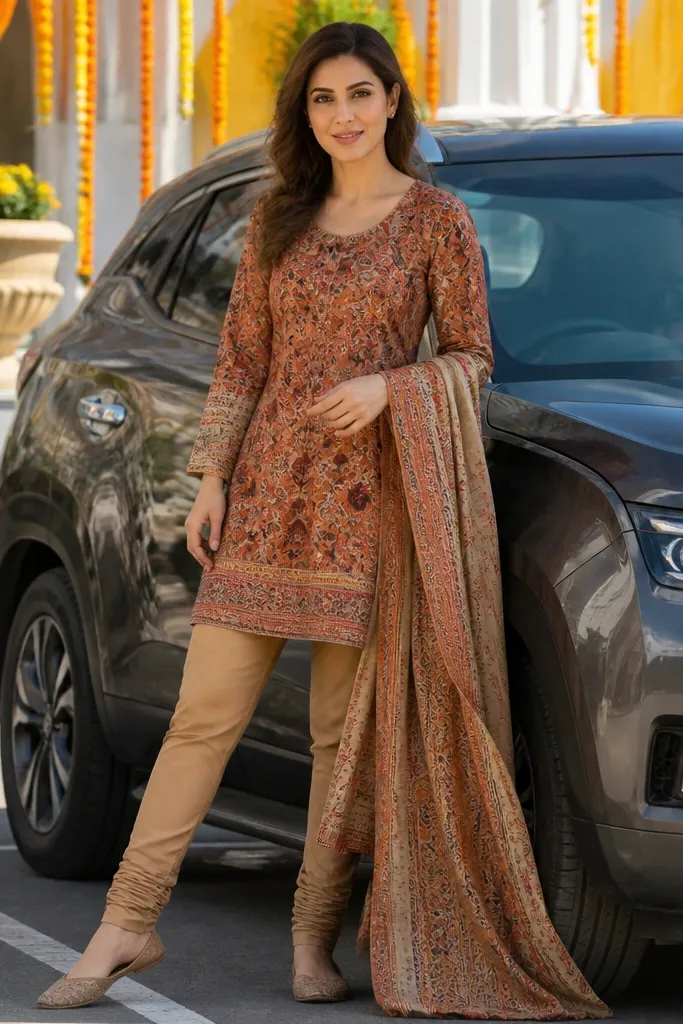 Printed short kurti with tan churidar and long dupatta