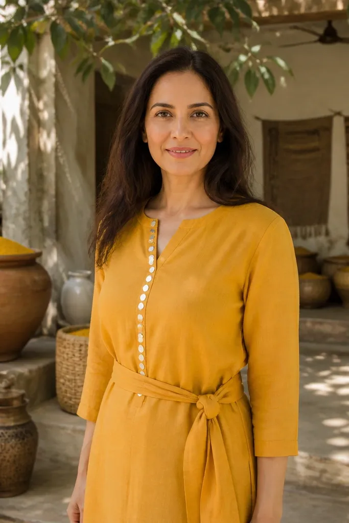 Saffron linen kurti with mirror buttons and a tied knot belt