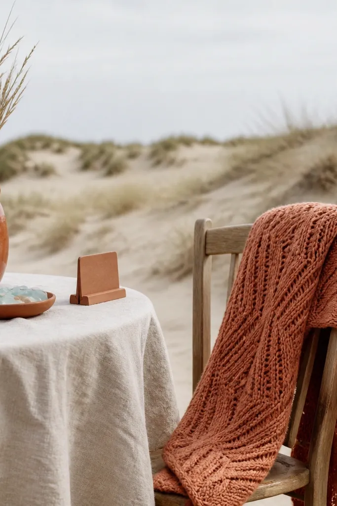 Terracotta dress with oat shawl and burnt sienna ribbon on a beach chair
