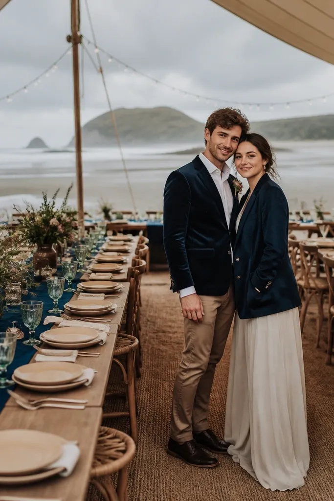 Deep teal suit with sea-glass scarf and warm sand linens on a pier