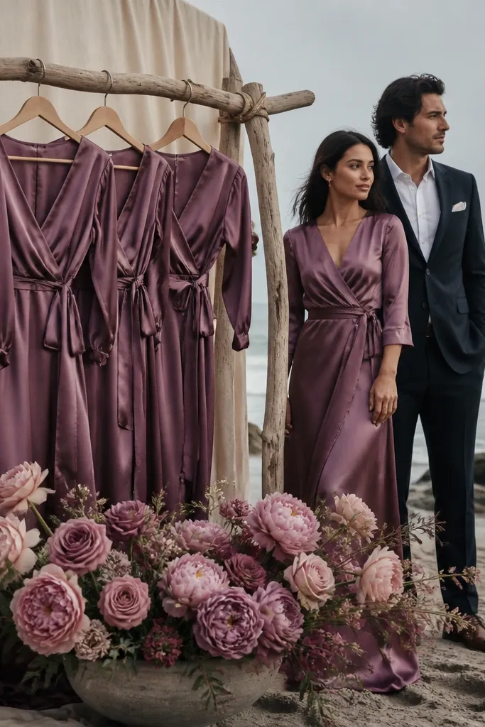 Smoky plum bridesmaid dresses with oat paper invites and dusty rose bouquet