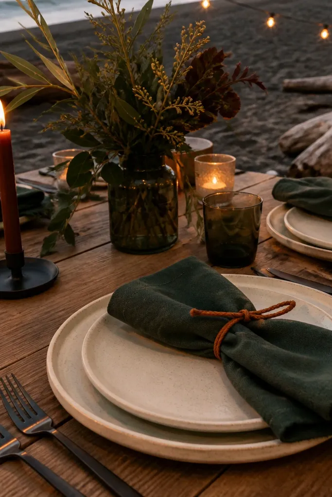 Forest green table runner with cream linens and rusty clay ribbon at the beach