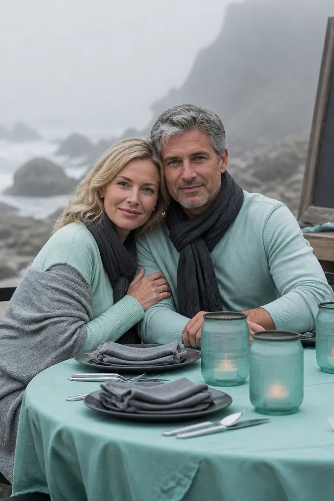 Seafoam dress with mist gray suit and charcoal sign on a foggy beach
