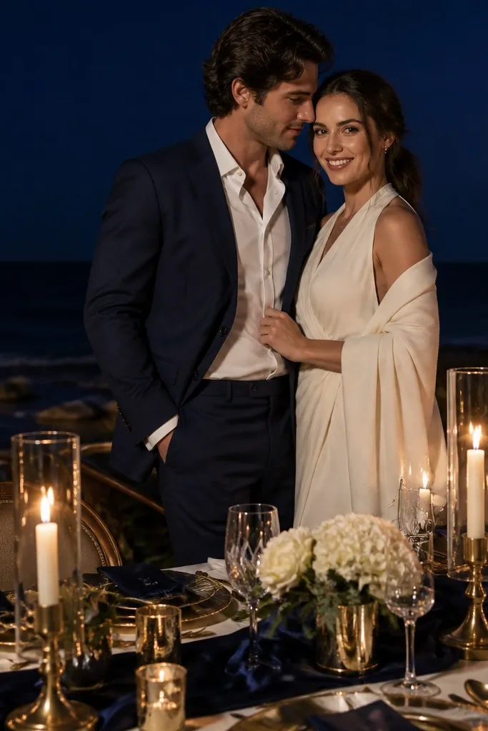 Burnished gold tableware with deep navy napkins and cream florals on the shore