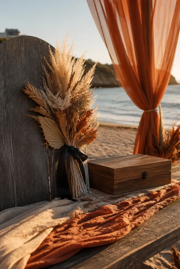 Rust dresses with oat table linens and graphite signage at a beach venue