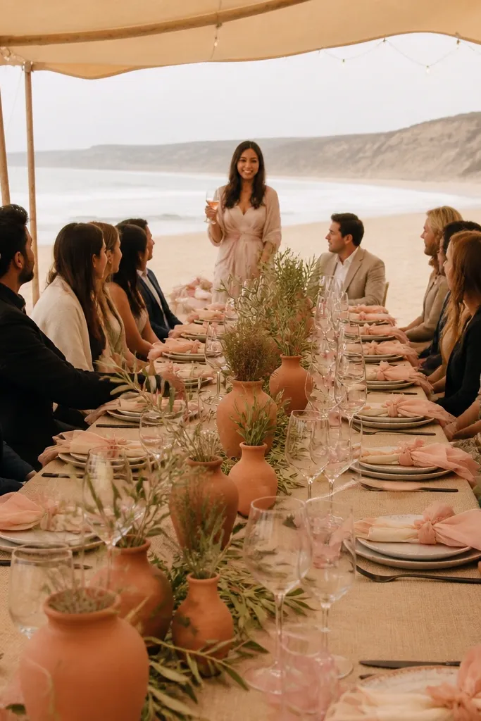 Rose clay bouquet with warm sand napkins and olive leaf accents on a beach table