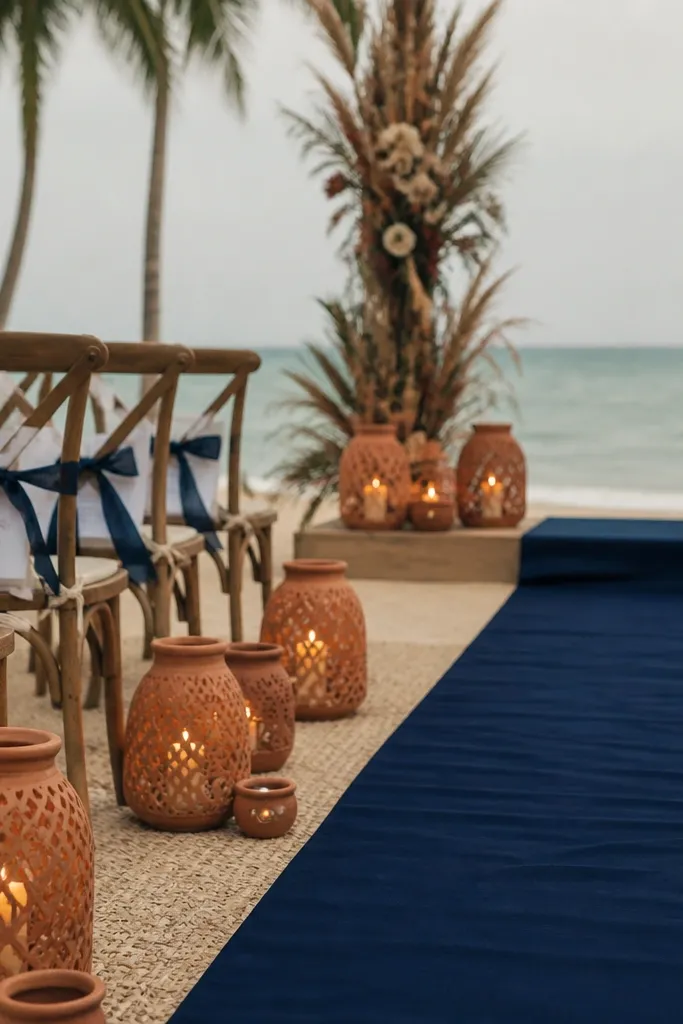 Navy ink suits with terracotta bouquet and creamy sand table linens