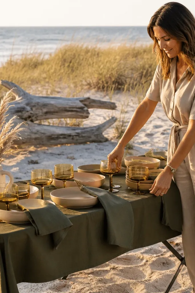Olive drab dresses with buttermilk tablecloth and sandstone-toned napkins at the beach