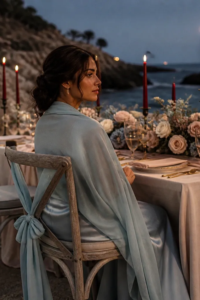Sea salt blue dress with blush beige napkins and deep burgundy ribbon on a beach walkway