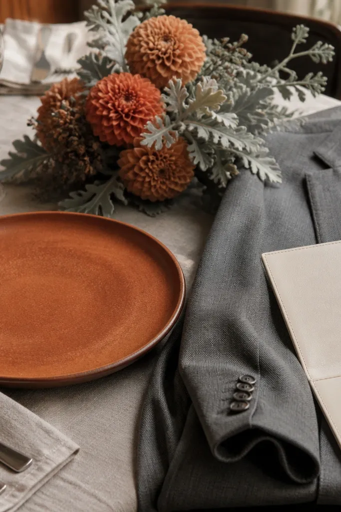 Terracotta sweater with stone gray pants and cream leather belt