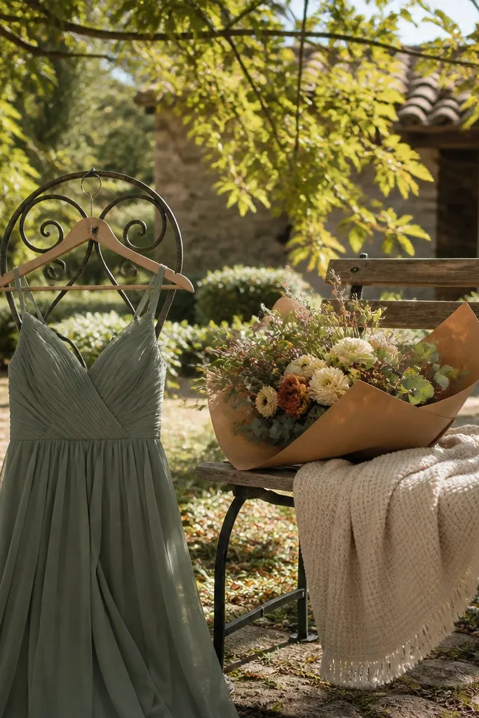 Sage green dress with clay terracotta vase and cream lace shawl