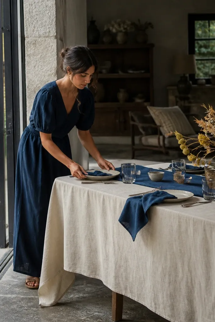 Navy dress with ochre scarf and oat cream shoes
