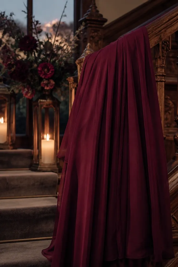 Burgundy velvet dress with smoke gray coat and warm ivory veil