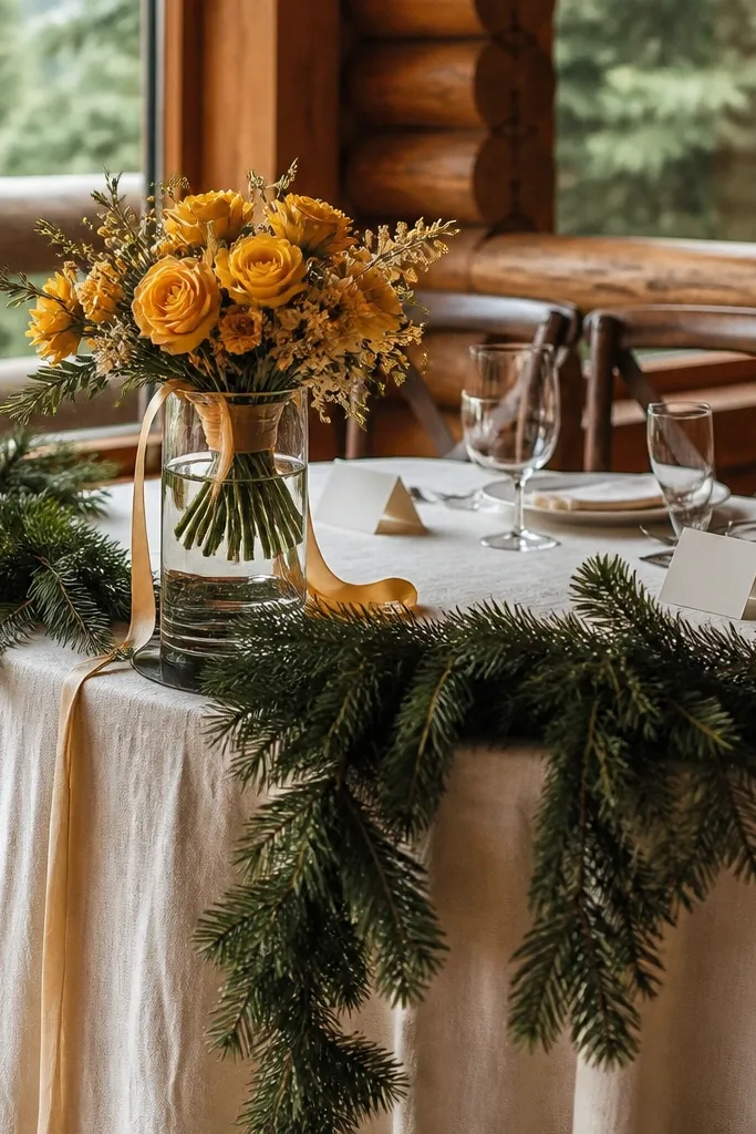 Saffron dress with evergreen tie and ivory linen tablecloth