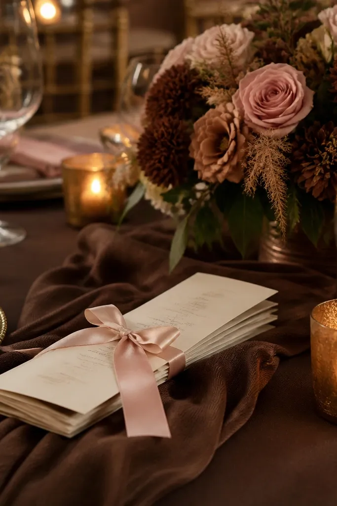 Mocha dress with blush pink bouquet and pale gold hairpin