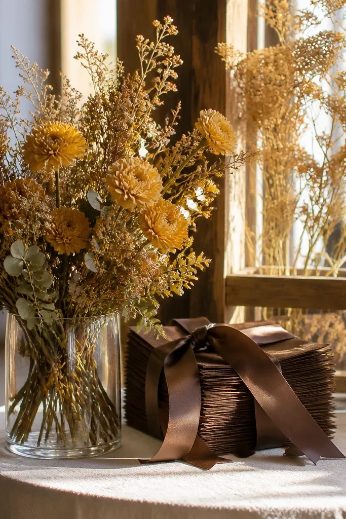 Faded marigold dress with chocolate brown belt and bone white veil