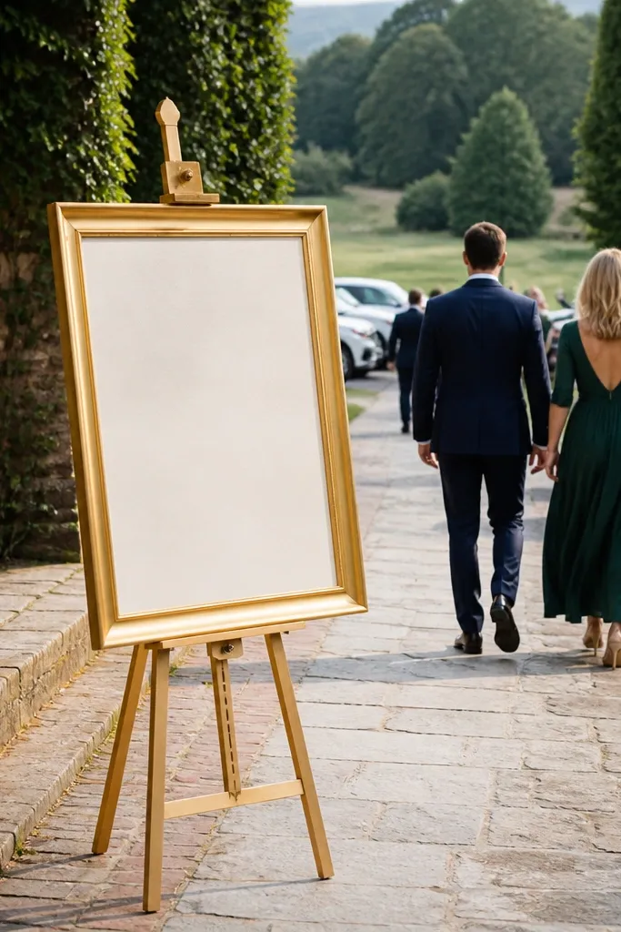 Gold-framed welcome sign on a freestanding easel with soft neutral flowers